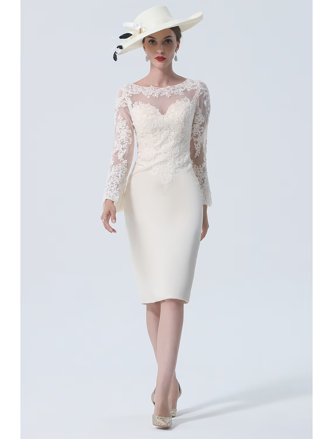 Mother of the Bride Dress Vintage Plus Size Elegant Knee Length Satin Lace Long Sleeve with Lace