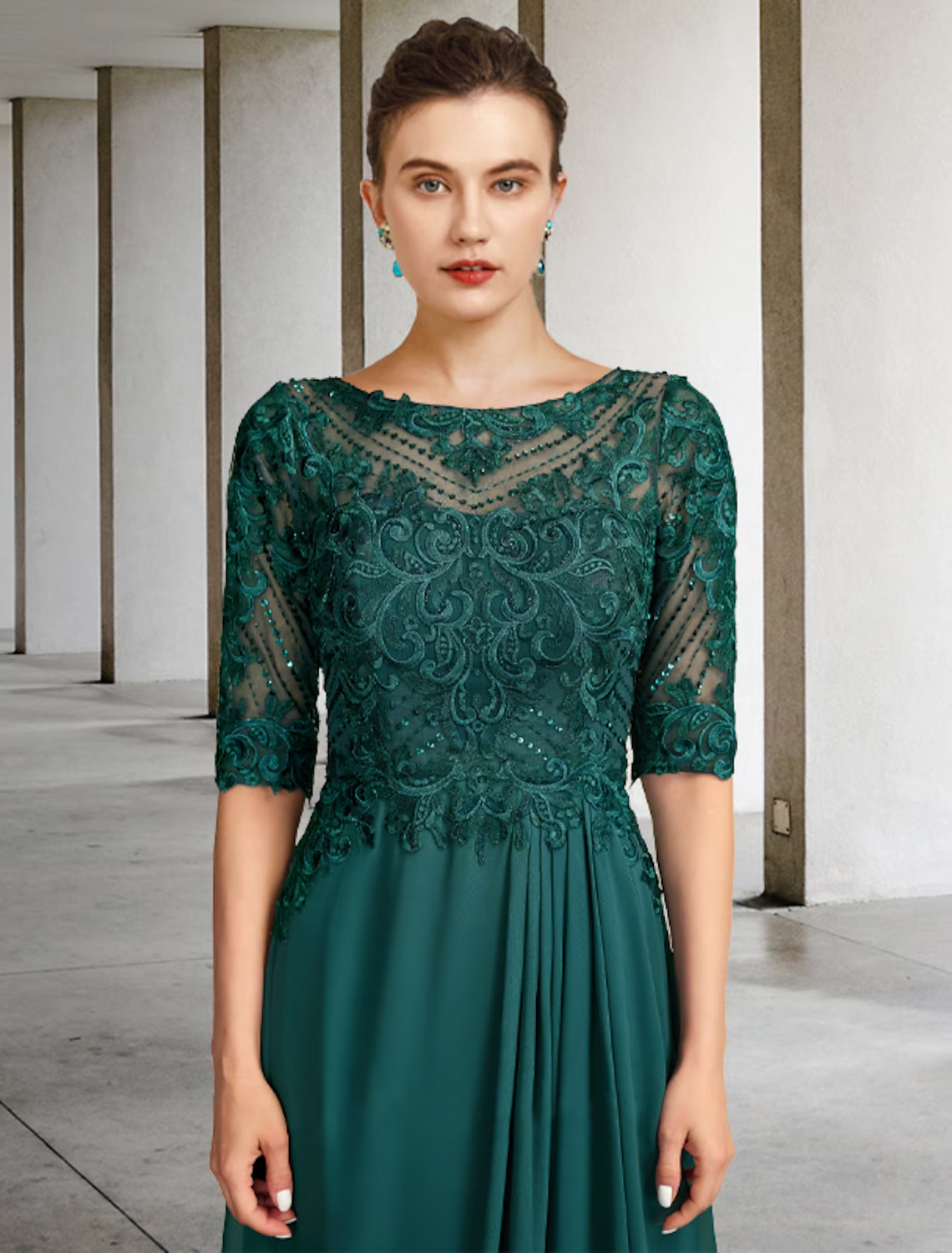A-Line Mother of the Bride Dress Luxurious Elegant Floor Length Chiffon Lace Half Sleeve with Pleats Beading Appliques