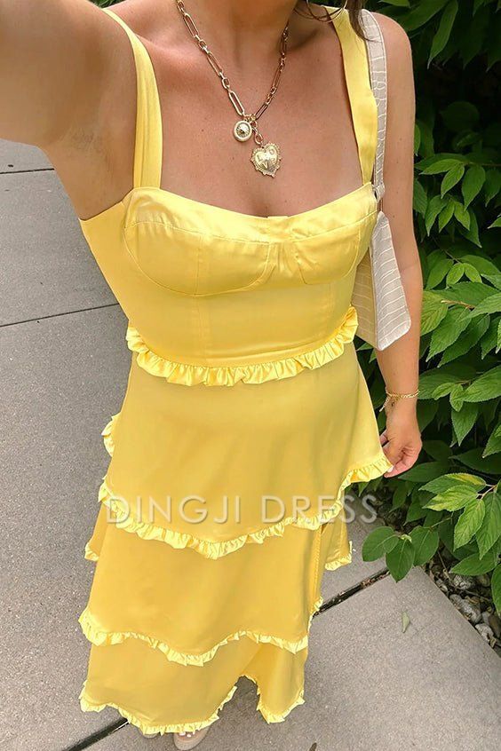 DingJiDress Formal Dress A-Line Spaghetti Strap Sleeveless Tiered Ruffled Side Fork Long Party Fashion Prom Dress