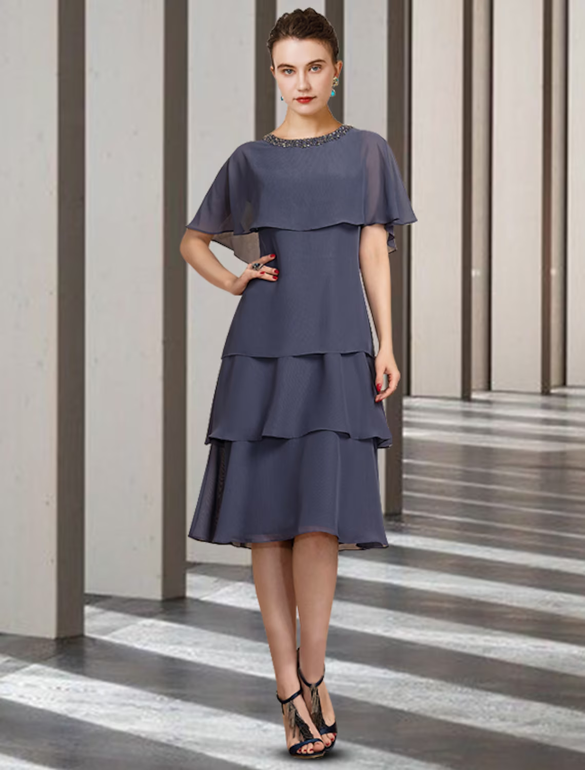 Mother of the Bride Dress Elegant Jewel Neck Knee Length Chiffon Short Sleeve with Beading Ruffles