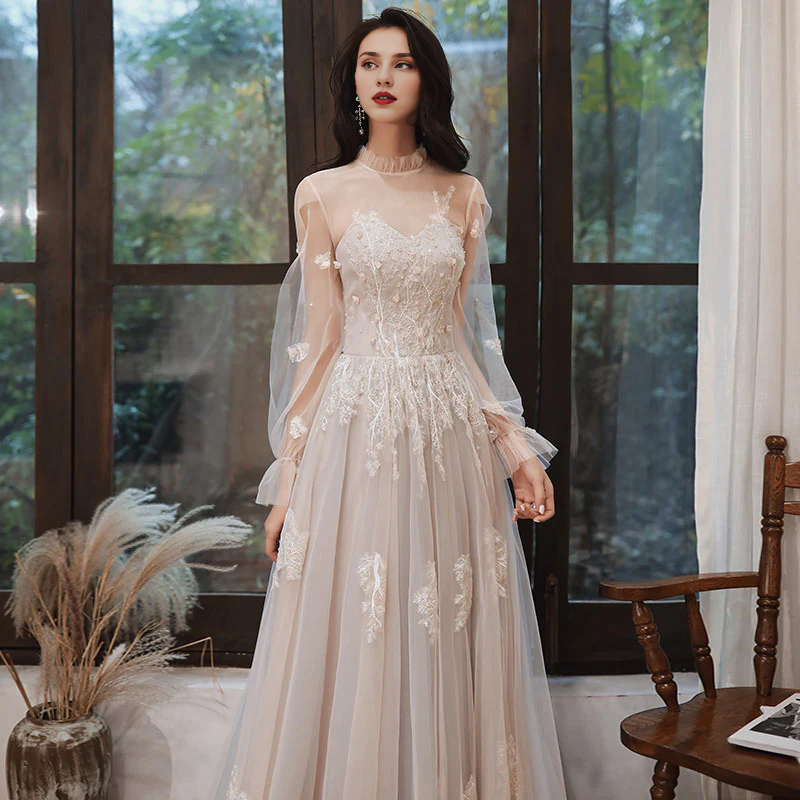 DingJiDress Formal Women's Dresses A Line Long Sleeves Lace Applique Tulle Long Wedding Dress