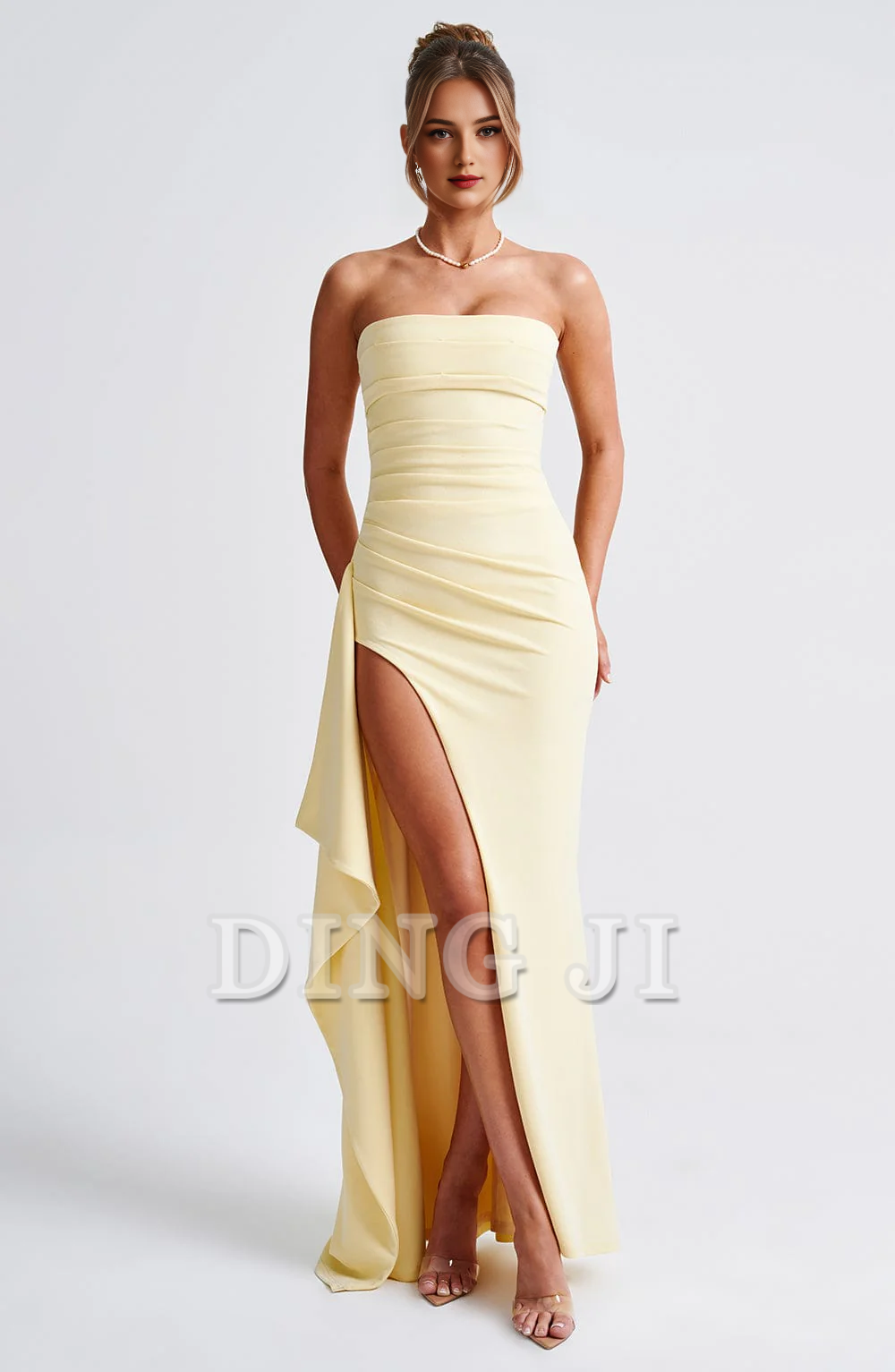 DingJiDress Prom Dresses Strapless Ruched Thigh high split Exquisite Dresses Wedding Guests Dresses