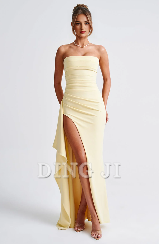 DingJiDress Prom Dresses Strapless Ruched Thigh high split Exquisite Dresses Wedding Guests Dresses