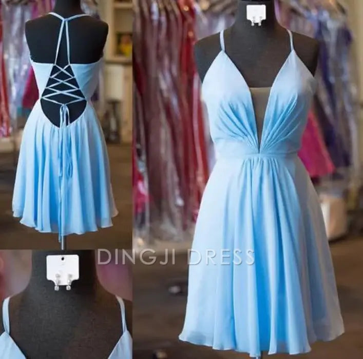 DingJiDress Short Prom Dress A-Line Halter Backless Criss-Cross Straps Chiffon Pleats Sexy Best Selling Homecoming Dress