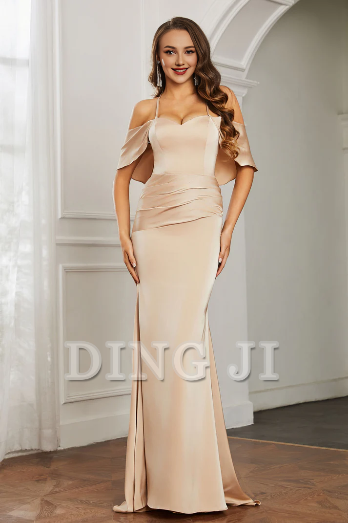 DingJiDress Evening Dress One Shoulder Sleeveless Sweetheart Neckline Open Back Ruched Flutter Sleeves Dress Sweep Train Wedding Guest Dresses