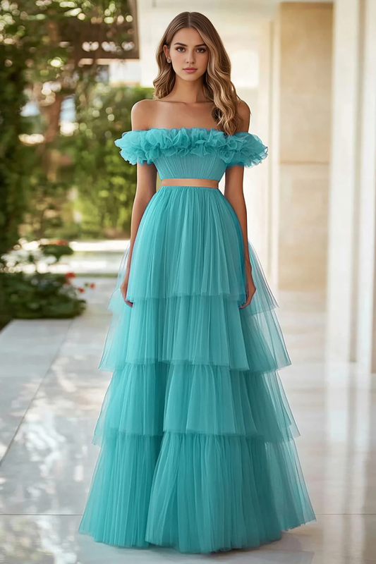 DingJiDress High Quality Dress A Line Off The Shoulder Pleated Tulle Tiers Long Prom Dress