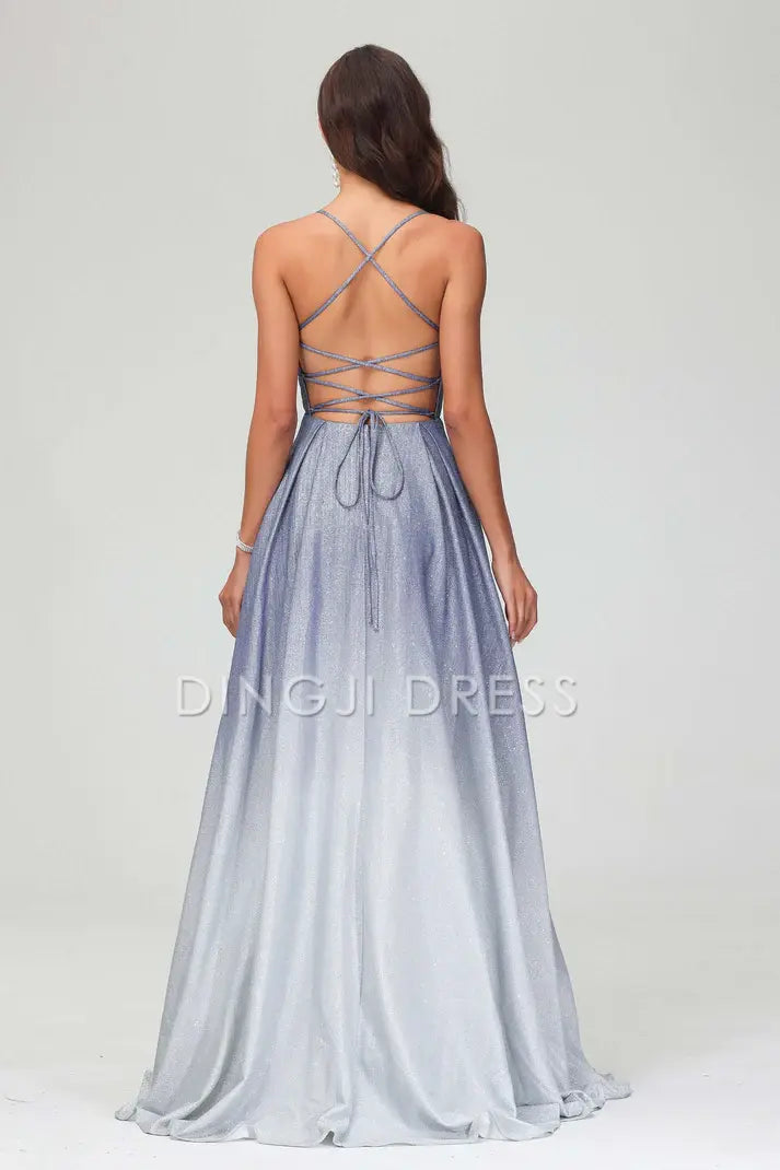 DingJiDress Evening Dress Exquisite Elegant A-Line V Neck Spaghetti Straps Backless Lace Up Dress Sweep Train Glitter Formal Dress