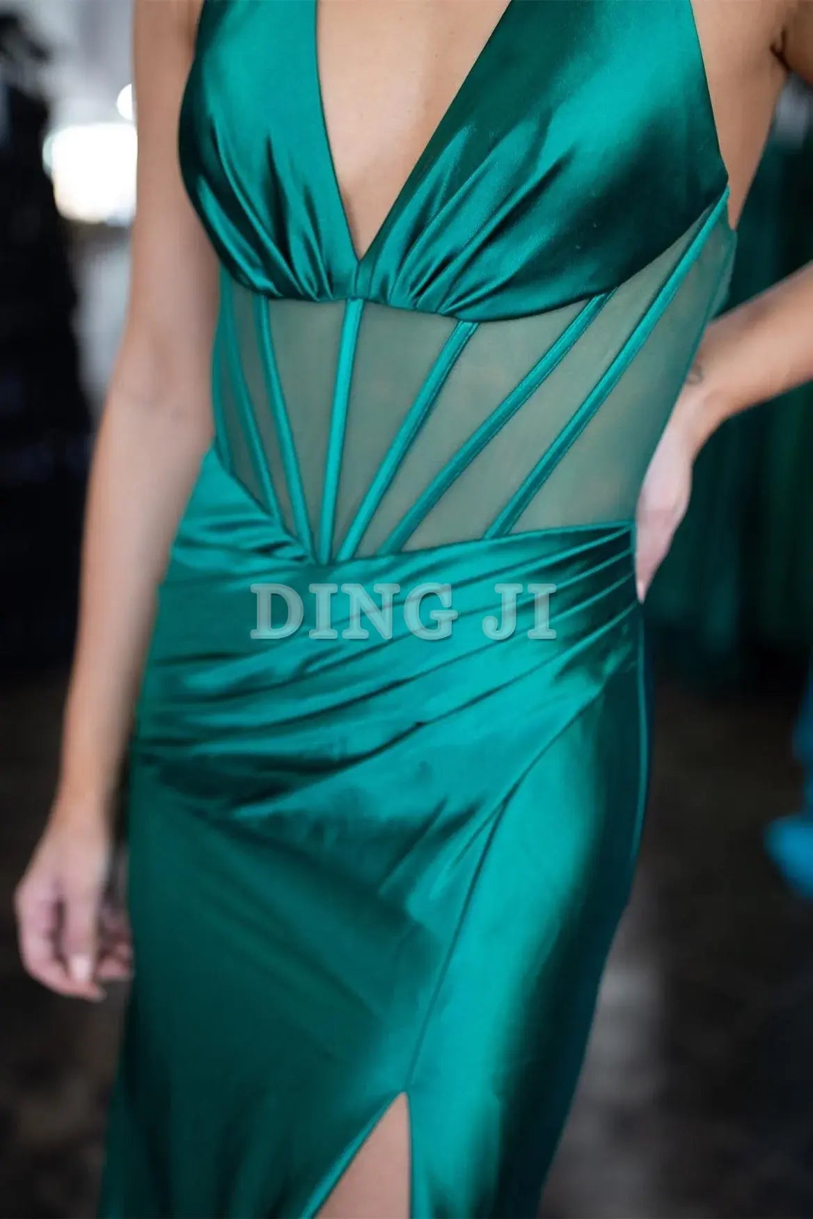 DingJiDress Evening Dress Deep V Neck Mermaid Cultivate oneself Halter Sheer Bodice Pleated Prom Dress Side Fork Fashion Formal Wear Dresses Wedding Guest Dresses