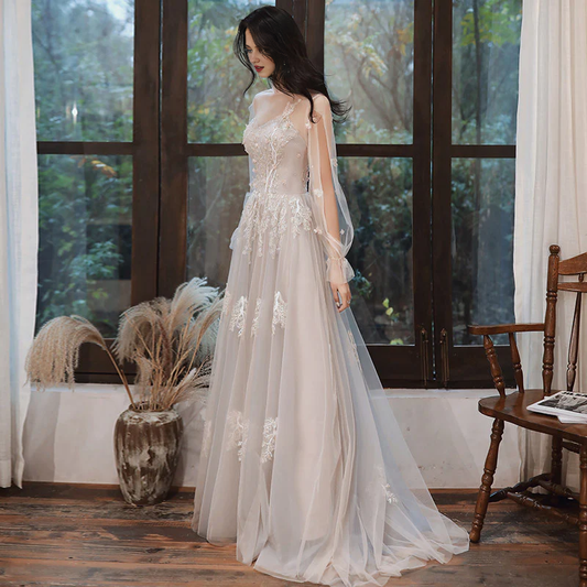 DingJiDress Formal Women's Dresses A Line Long Sleeves Lace Applique Tulle Long Wedding Dress