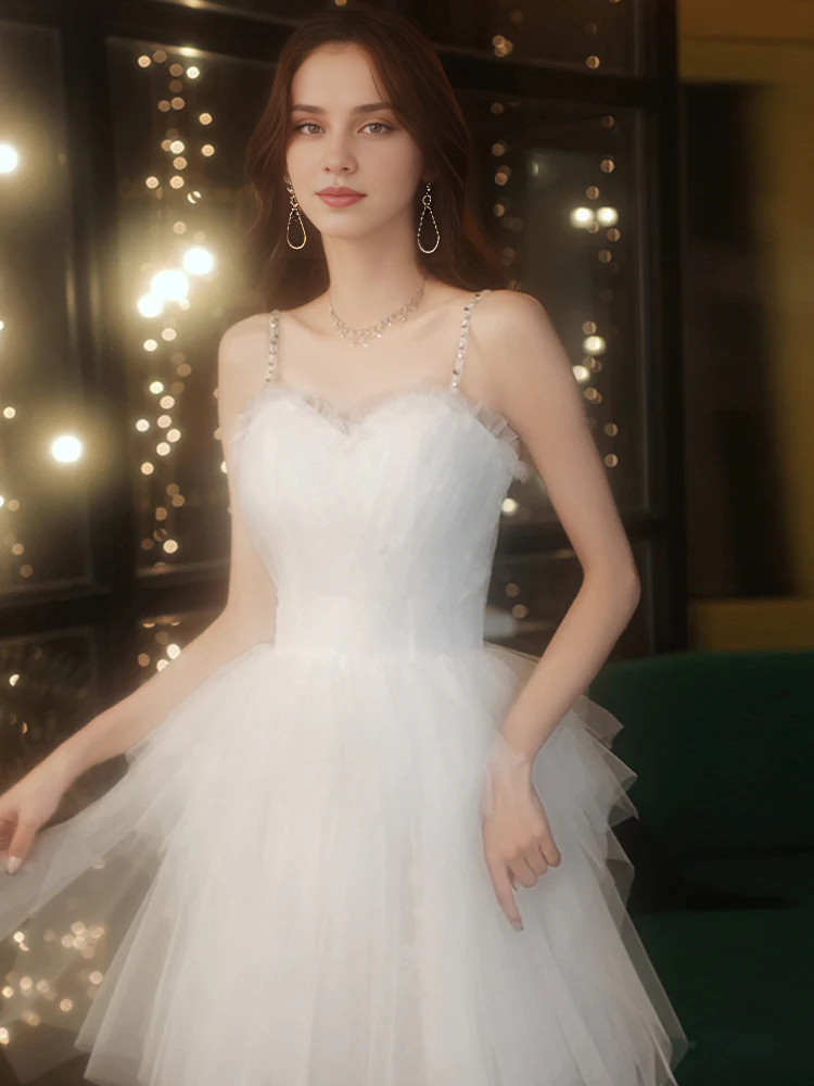 DingJiDress Formal Women's Dresses Spaghetti Strap Tulle Lace Splicing Heart-shaped collar Layered Wedding Dress