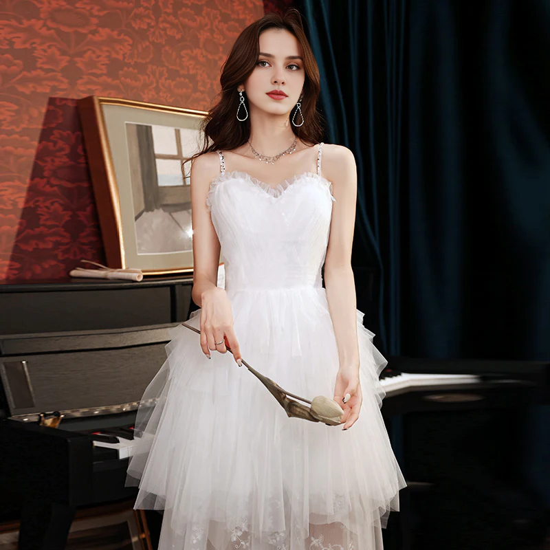 DingJiDress Formal Women's Dresses Spaghetti Strap Tulle Lace Splicing Heart-shaped collar Layered Wedding Dress