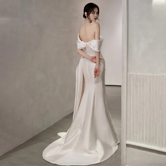 DingJiDress Formal Women's Dresses Off Shoulder Satin Mermaid Ruched Side Fork Long Wedding Dress