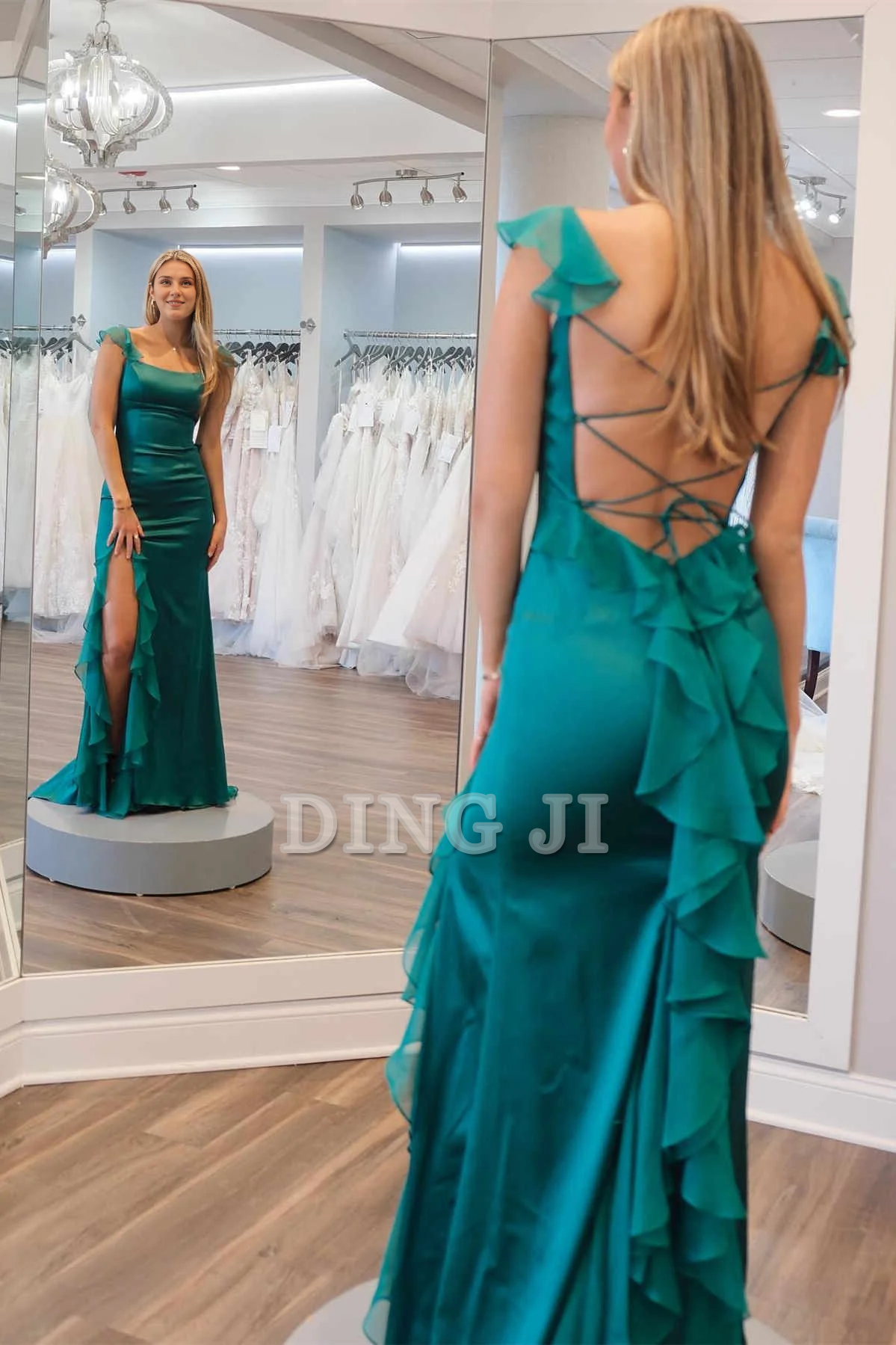 DingJiDress Evening Dress Unique Square Neck Ruffle Slit Backless Sweep Train Prom Dress Elegant Exquisite Formal Women's Dresses Wedding Guest Dresses