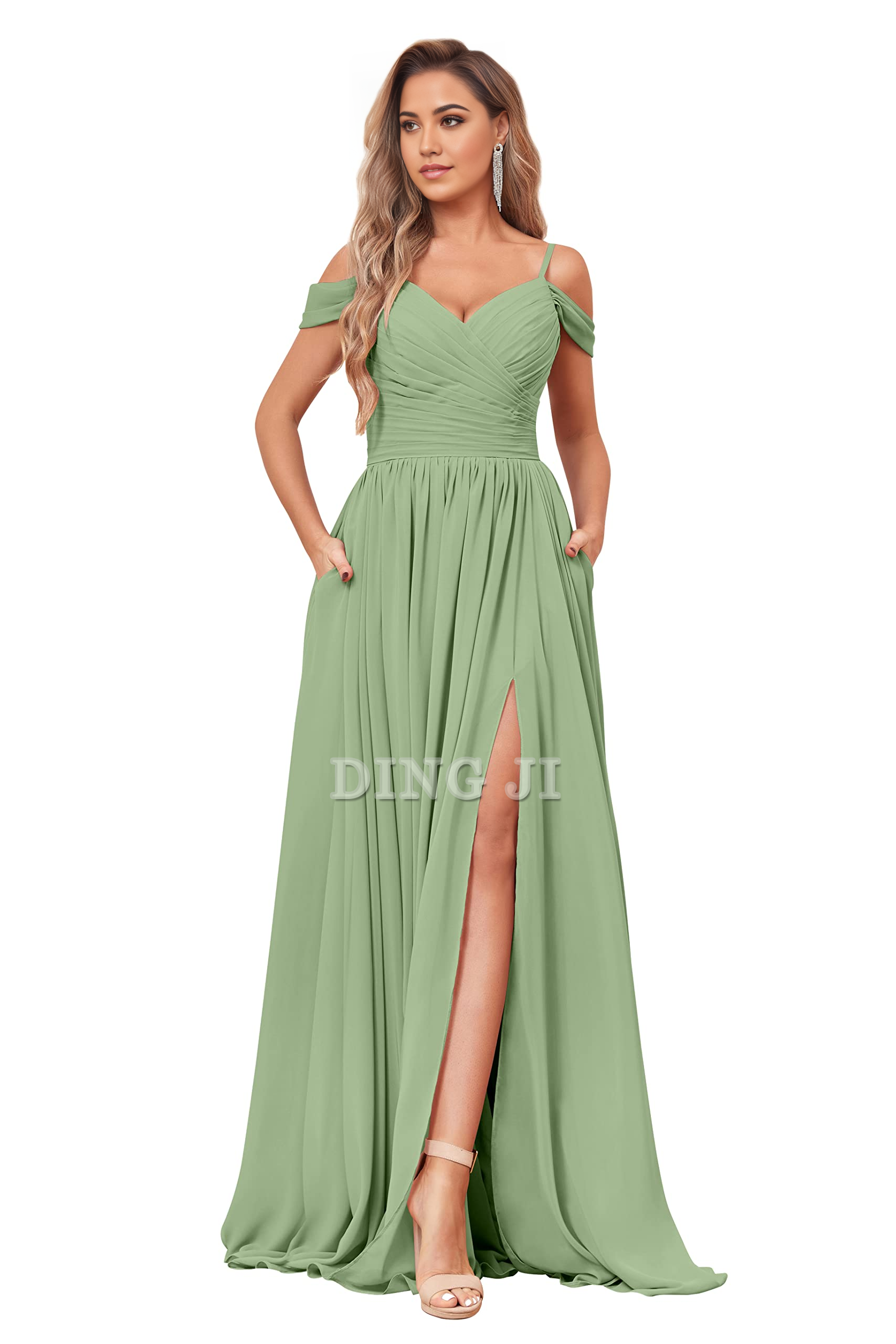 DingJiDress Bridesmaid Dresses Elegant V Neck Off The Shoulder Ruched Chiffon Side Fork Long Formal Wear Dresses