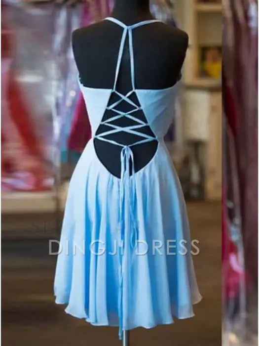 DingJiDress Short Prom Dress A-Line Halter Backless Criss-Cross Straps Chiffon Pleats Sexy Best Selling Homecoming Dress