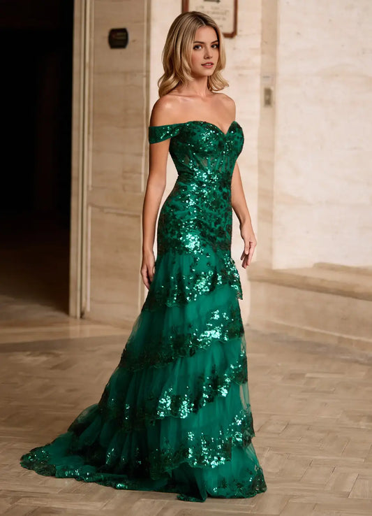 Green Glitter Mermaid Off Shoulder Sweetheart Neckline Sleeveless Layered Ruffled Backless High Slit Fashion Formal Dresses Affordable Prom Dress