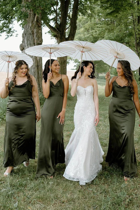 Minimalist Hunter Green Sheath Spaghetti Strap Cowl Neck Sleeveless Backless Plus Size Low Cost Anke-Length Bridesmaid Dresses