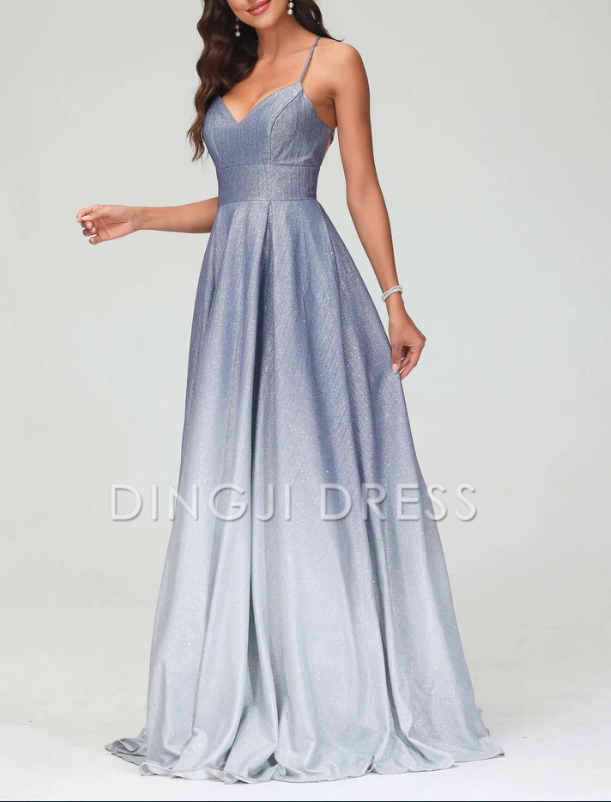 DingJiDress Evening Dress Exquisite Elegant A-Line V Neck Spaghetti Straps Backless Lace Up Dress Sweep Train Glitter Formal Dress