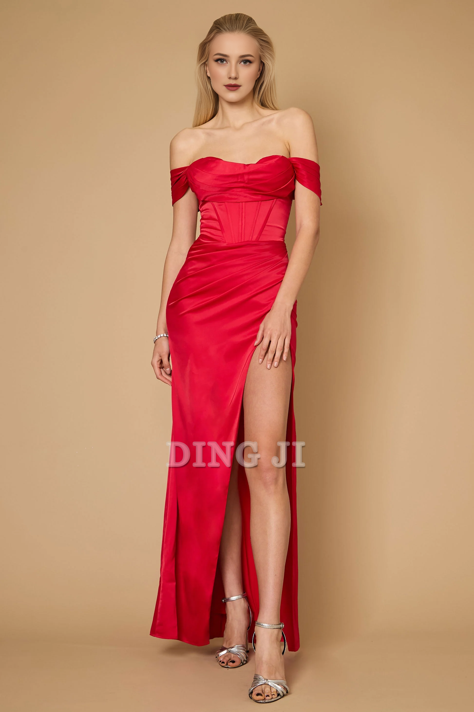DingJiDress Bridesmaid Dresses Off Shoulder sweetheart neckline Corset Satin Backless Side Fork Dresses Long Wedding Guests Dresses