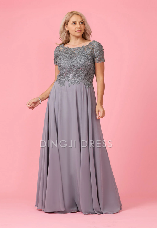 DingJiDress Evening Dress Elegant A Line Short Sleeve Lace Applique Long Mother Of The Bride Dress