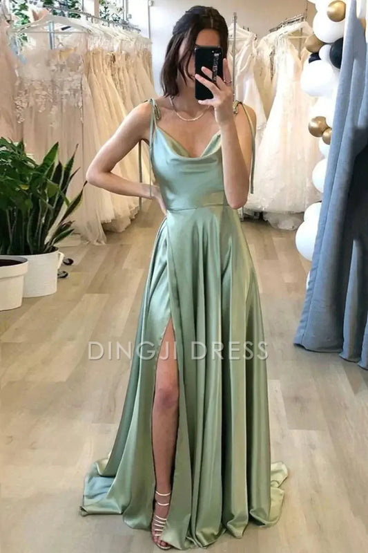 DingJiDress Simple A Line Spaghetti Straps Backless Side Fork Long Fashion Prom Dress