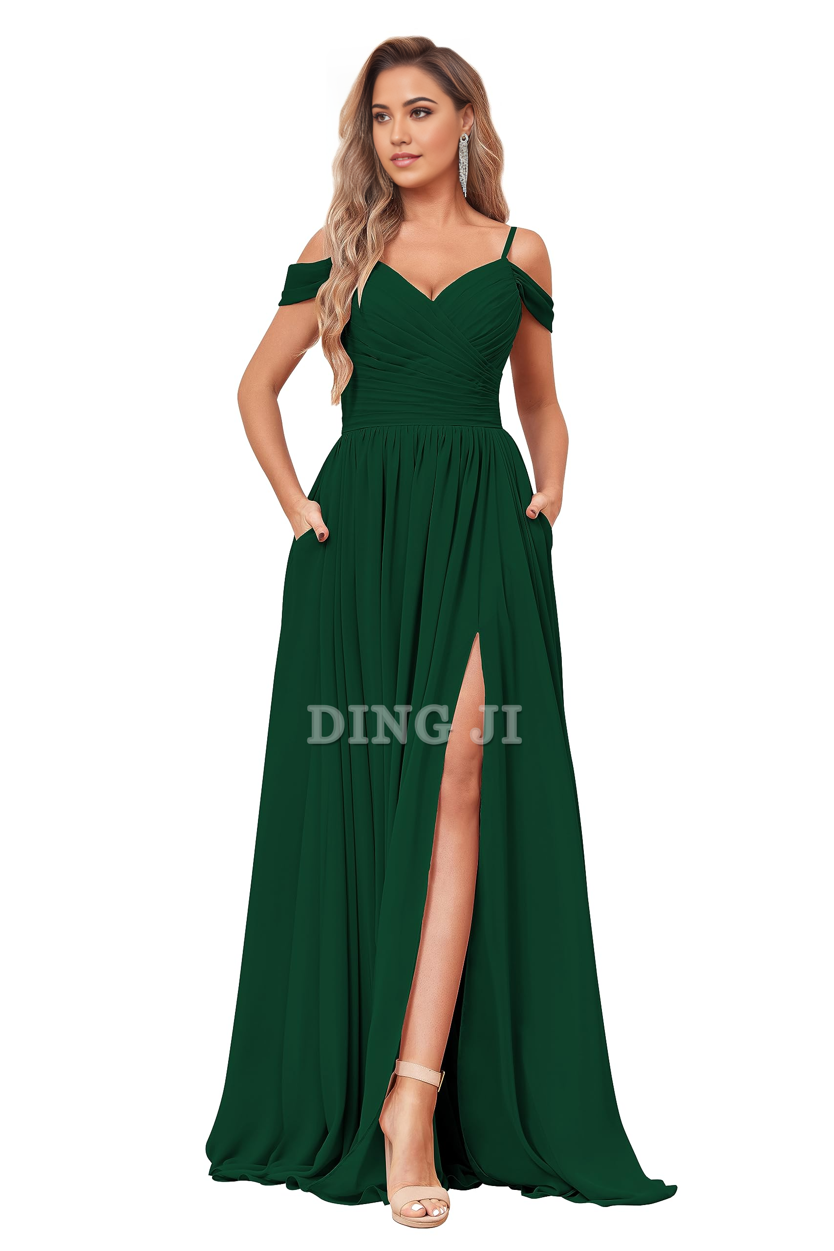 DingJiDress Bridesmaid Dresses Elegant V Neck Off The Shoulder Ruched Chiffon Side Fork Long Formal Wear Dresses