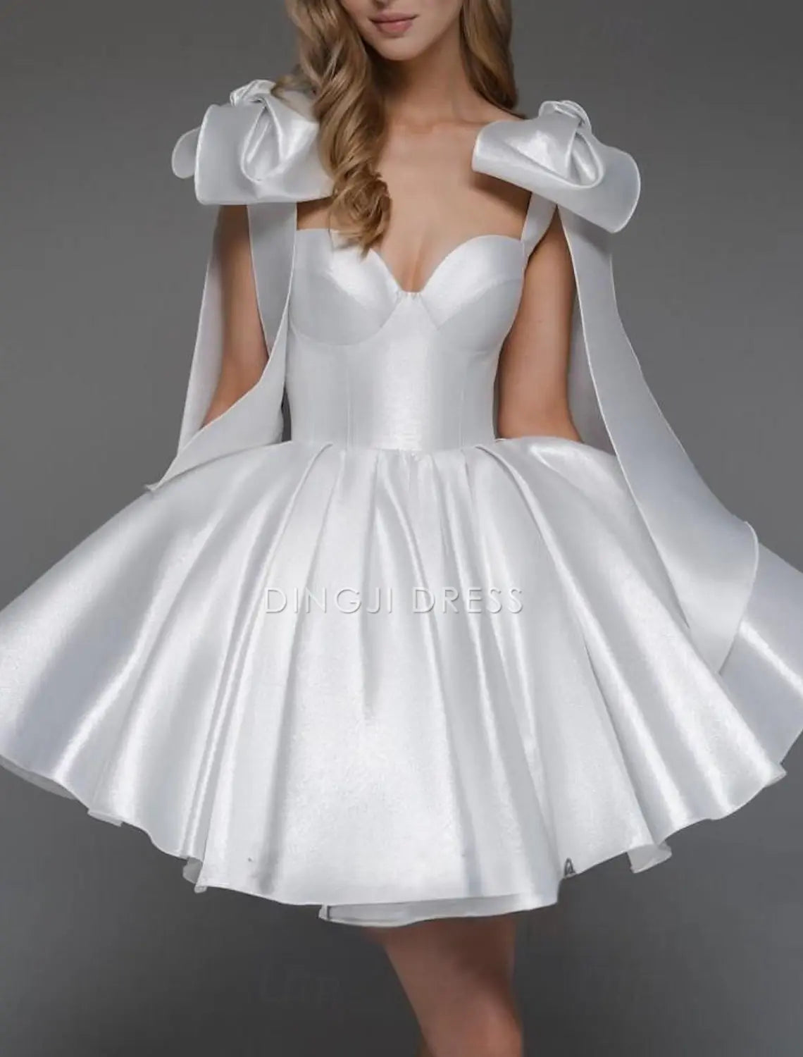 DingJiDress Hot Sale Short Prom Dress A-Line Corsets Dress Holiday Graduation Sleeveless Off Shoulder Satin with Bow(s) Cute New Homecoming Dress