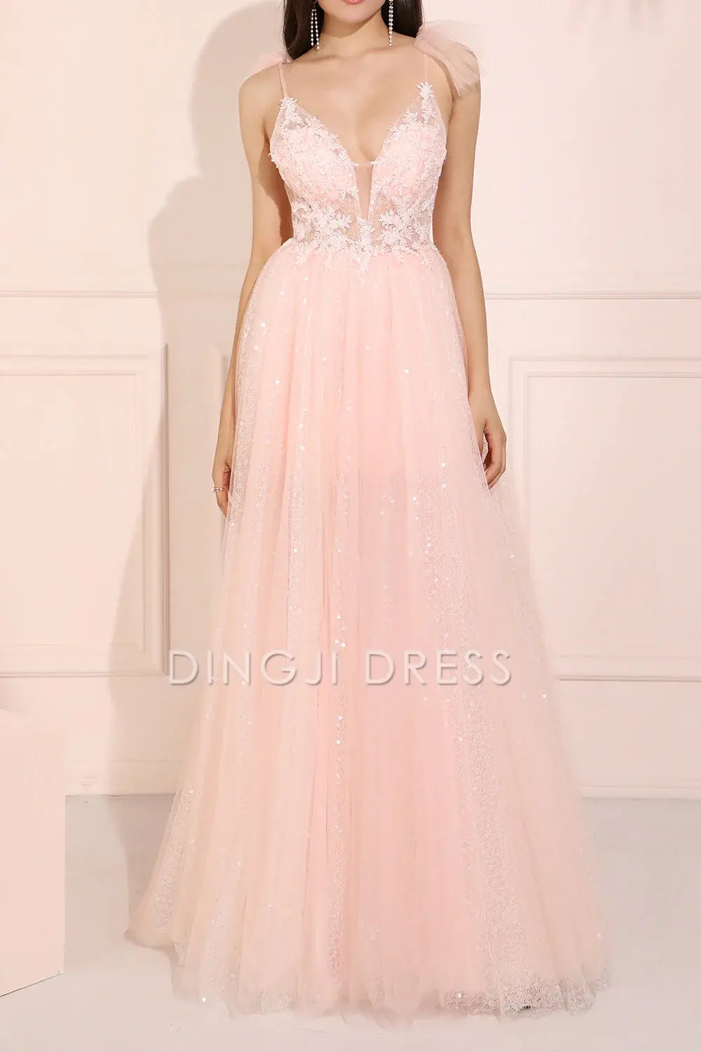 DingJiDress High Quality Dress Evening Dress Gorgeous A Line Deep V Neck Appliques Backless Sparkle Long Prom Dress