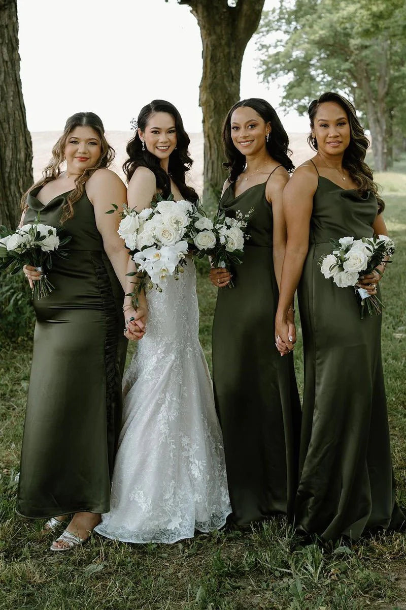 Minimalist Hunter Green Sheath Spaghetti Strap Cowl Neck Sleeveless Backless Plus Size Low Cost Anke-Length Bridesmaid Dresses