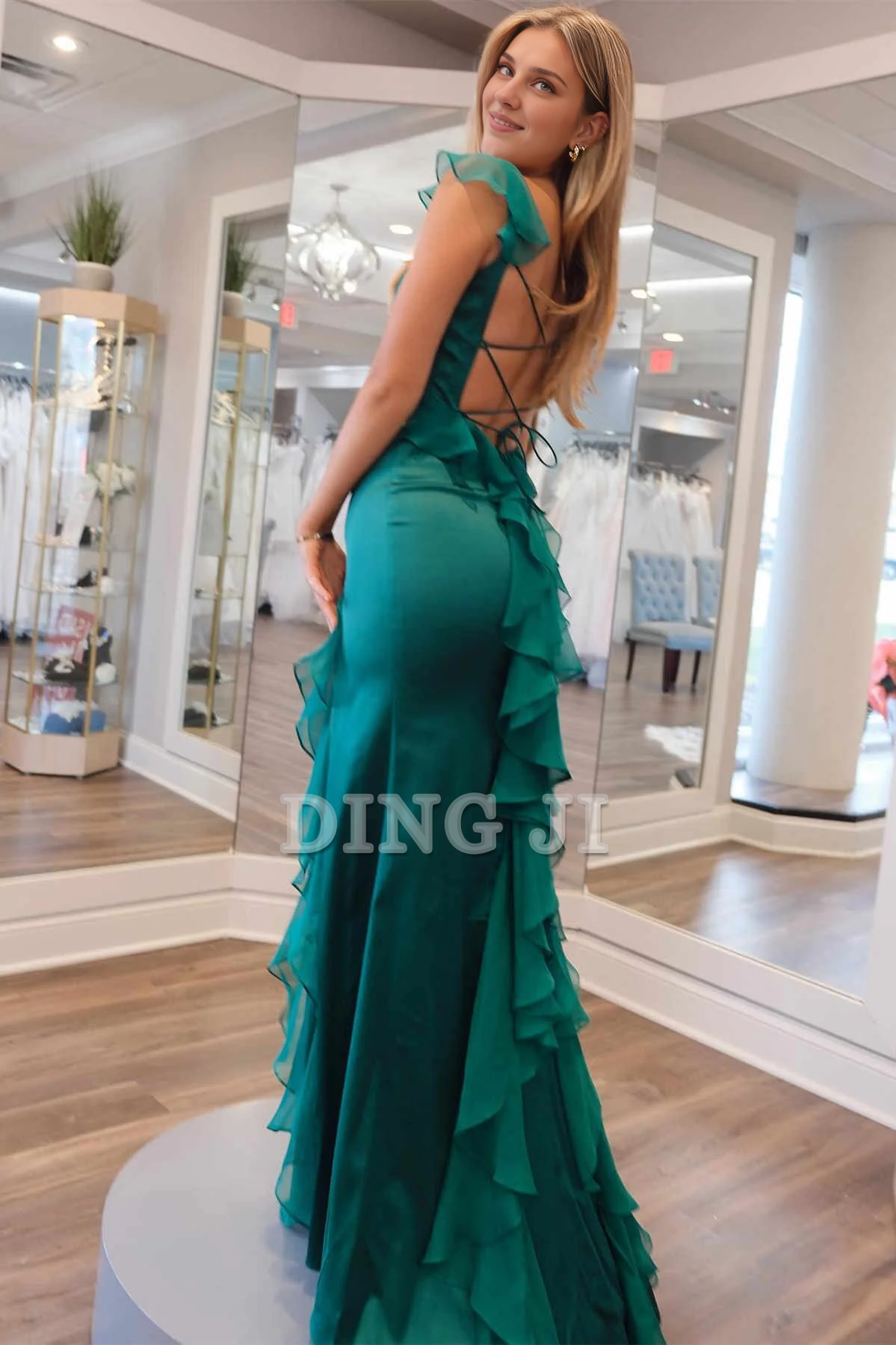 DingJiDress Evening Dress Unique Square Neck Ruffle Slit Backless Sweep Train Prom Dress Elegant Exquisite Formal Women's Dresses Wedding Guest Dresses