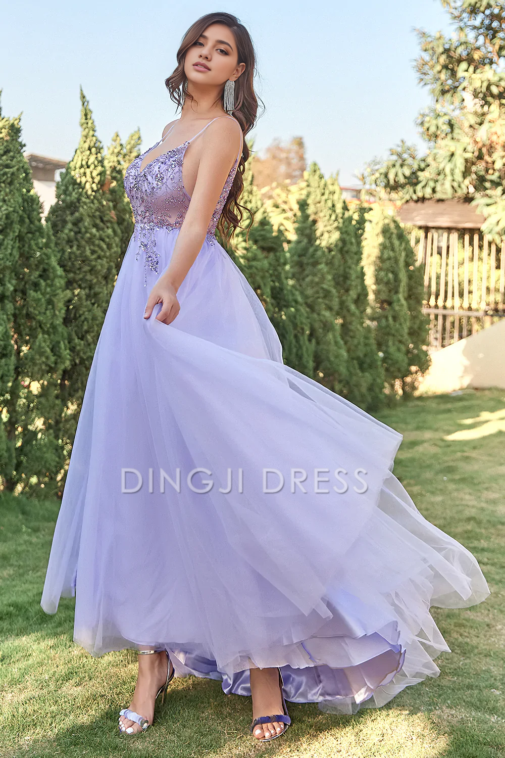 DingJiDress High Quality Dress Gorgeous Tulle A-Line Spaghetti Strap Backless Side Fork Prom Dress