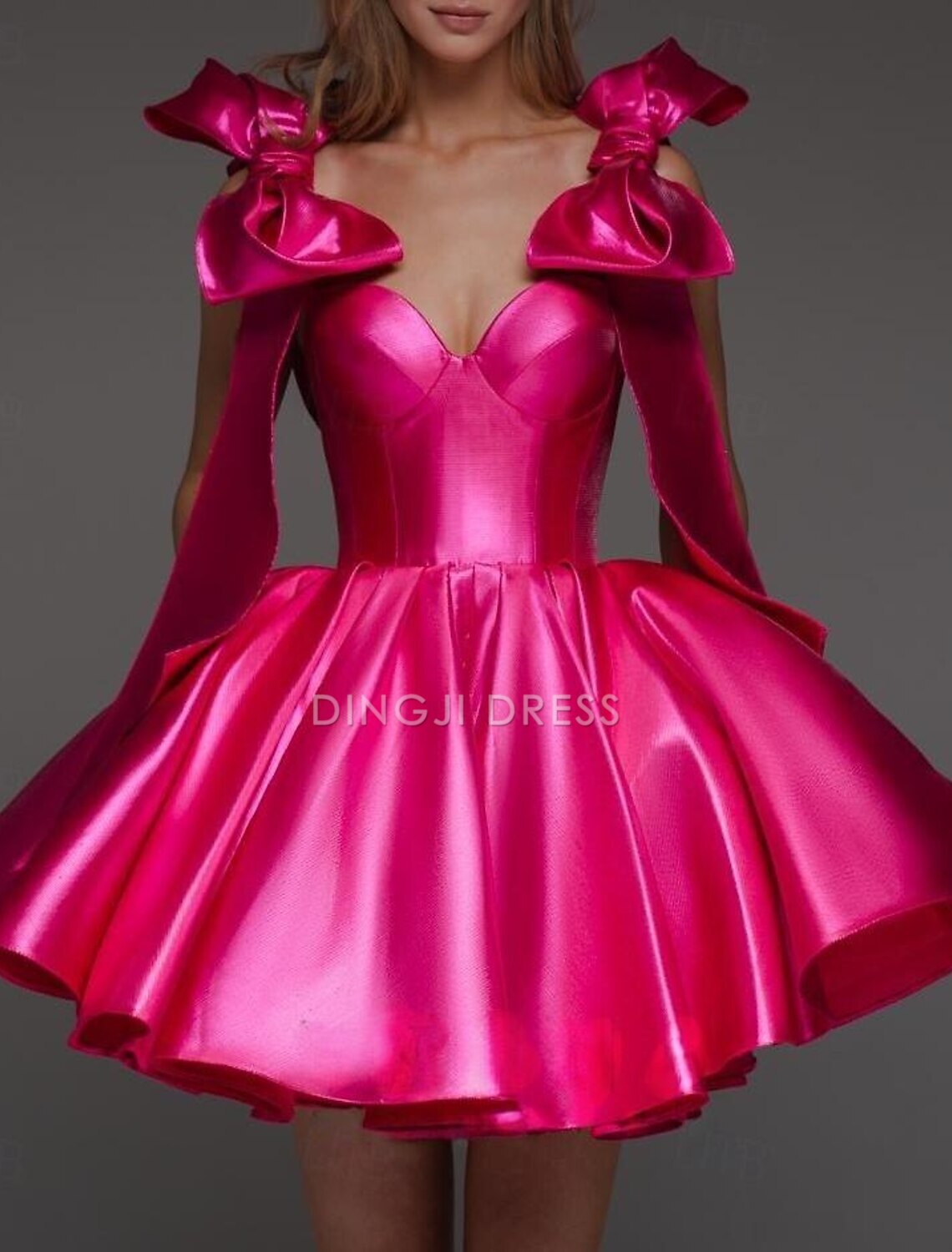 DingJiDress Hot Sale Short Prom Dress A-Line Corsets Dress Holiday Graduation Sleeveless Off Shoulder Satin with Bow(s) Cute New Homecoming Dress