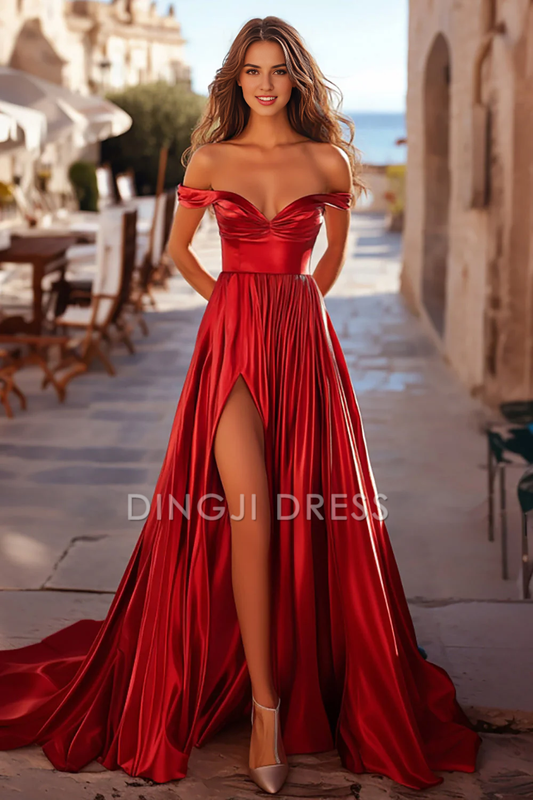 DingJiDress High Quality Dress Satin A Line Sweetheart Off The Shoulder Pleated Elegant Long With Slit Prom Dress