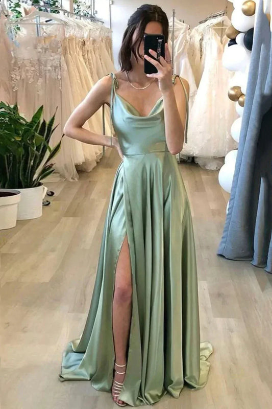 DingJiDress Simple A Line Spaghetti Straps Backless Side Fork Long Fashion Prom Dress
