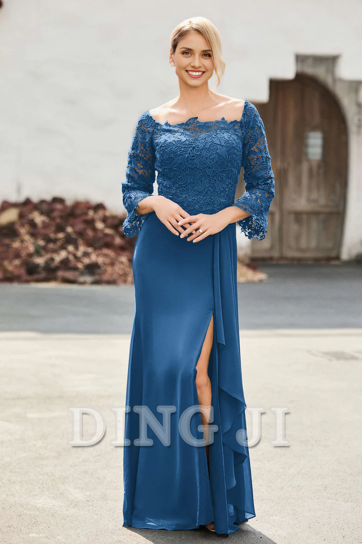 DingJiDress Mother of the Bride Dresses Ruffles Long Sleeves Sheath Dress With Slit Elegant Charming Dresses Wedding Guests Dresses