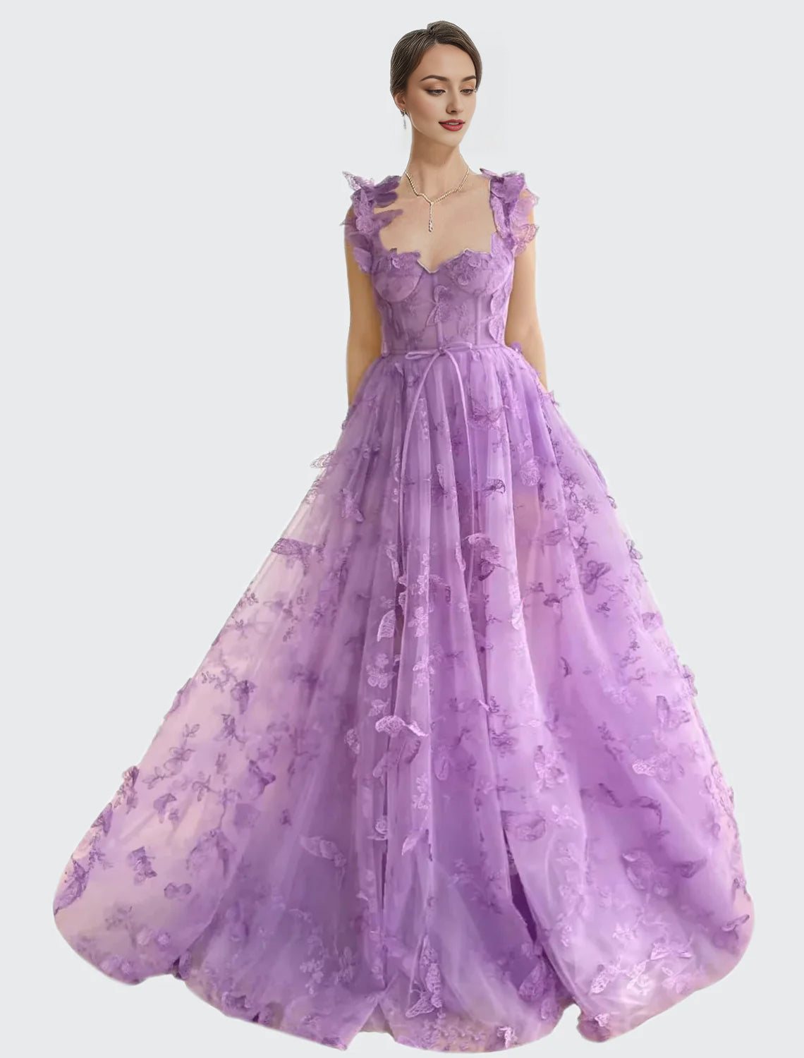 Long Tulle Prom Dress with 3D Butterflies Dress Ball Gown Evening Party Wedding Formal Dress Slit