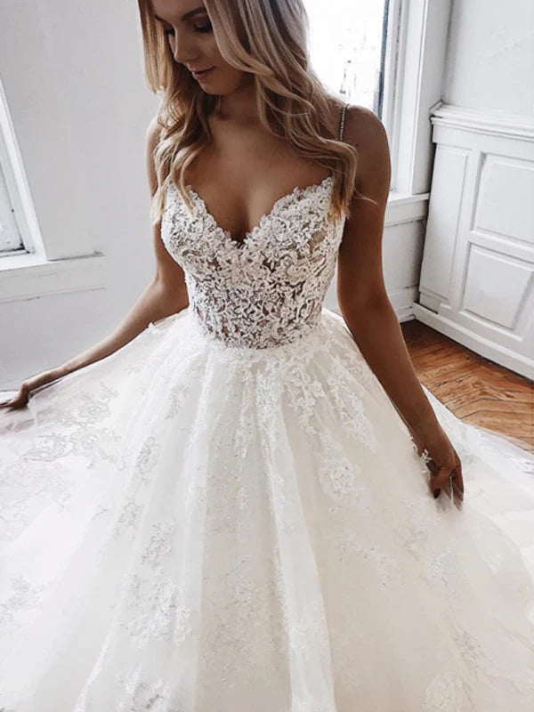 Spaghetti Strap V Neck A Line Tiered Wedding Dresses