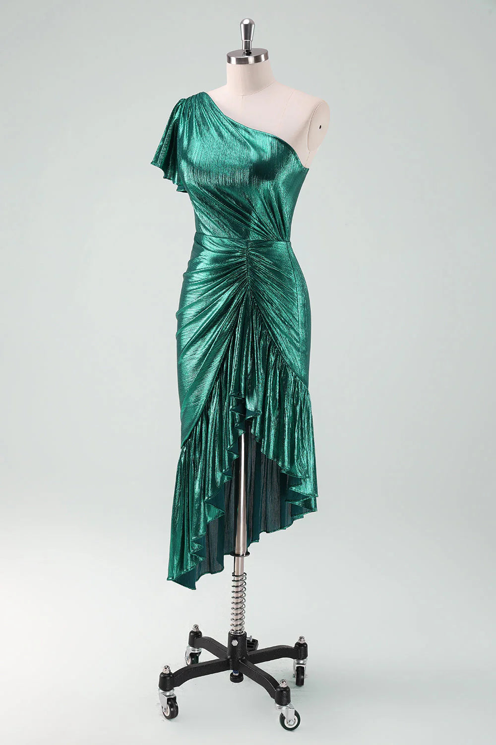 DingJiDress Dark Green Mermaid Cocktail Dress Metallic One Shoulder with Ruffles