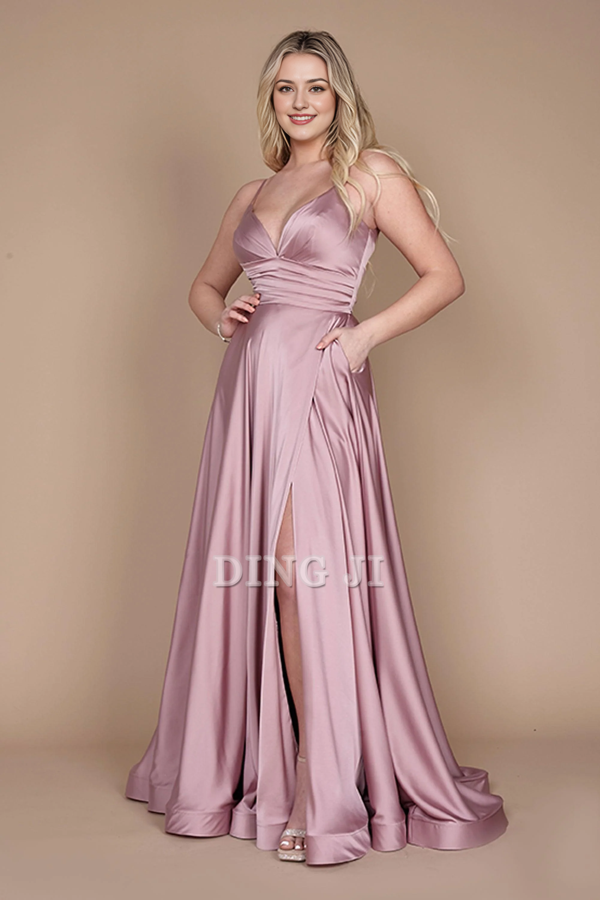 DingJiDress Bridesmaid Dresses High Quality Spaghetti Strap Deep V Neck Pleated Side Fork Exquisite Simple Dresses Wedding Guests Dresses