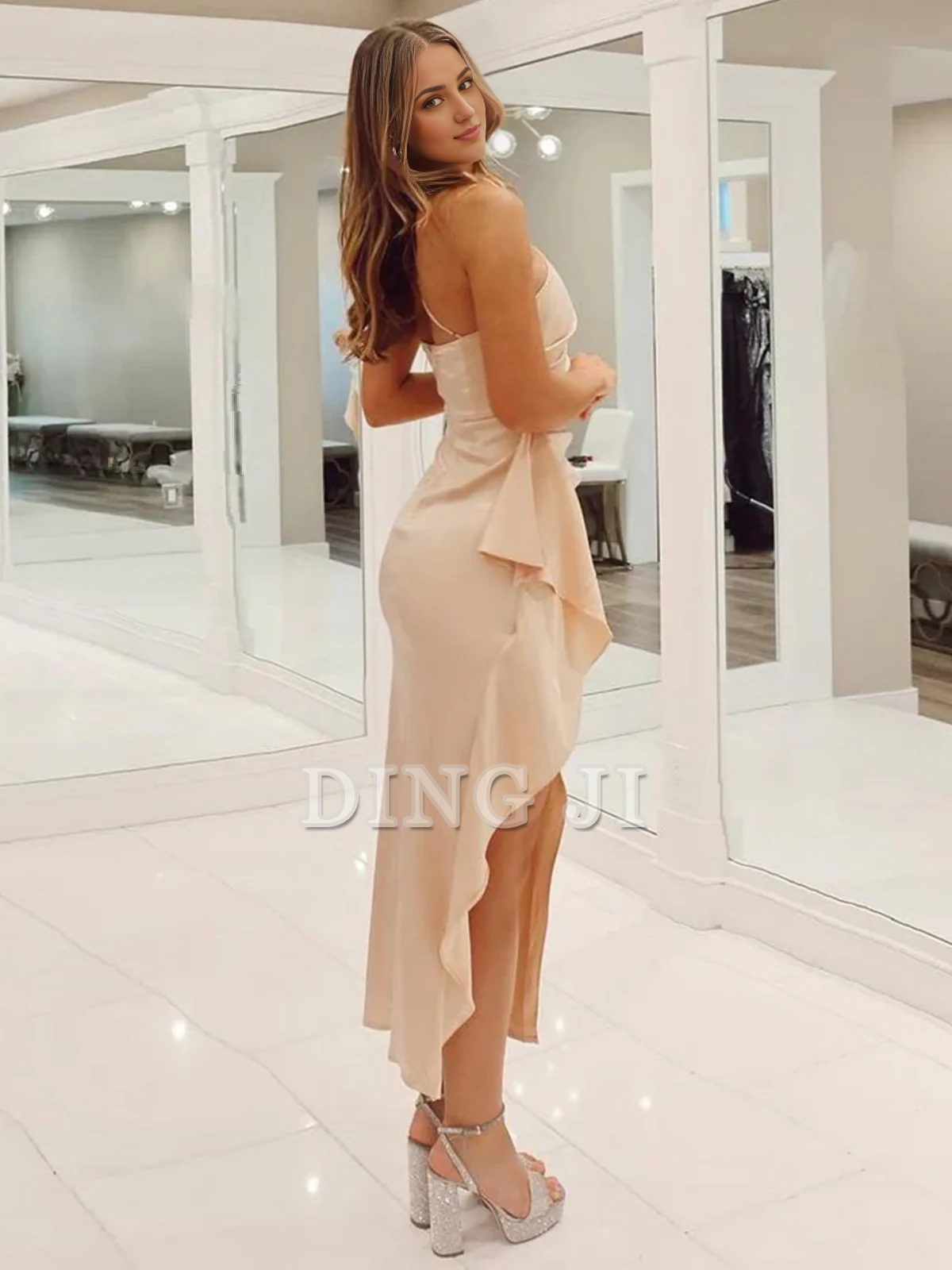 DingJiDress Elegant Evening Dress Asymmetrical One Shoulder Sleeveless Champagne Slit Ruffle Prom Dress Simple Formal Wear Dresses Wedding Guest Dresses