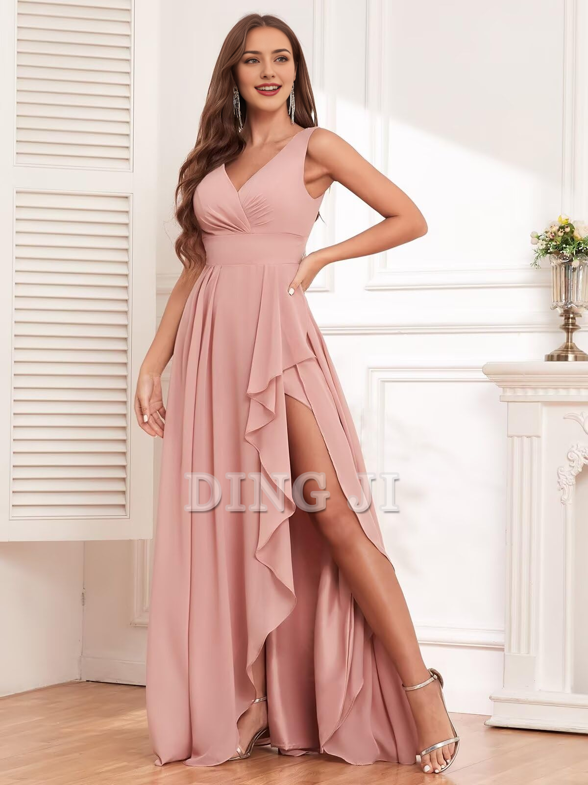 DingJiDress Bridesmaid Dresses Elegant V Neck Chiffon Side Fork Long Formal Wear Dresses