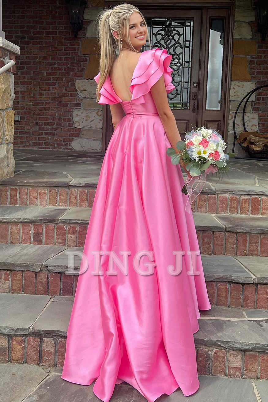 DingJiDress Evening Dress A-Line Deep V-Neck Ruffle Long Elegant Side Fork Gorgeous Romantic Formal Women's Dresses Wedding Guest Dresses