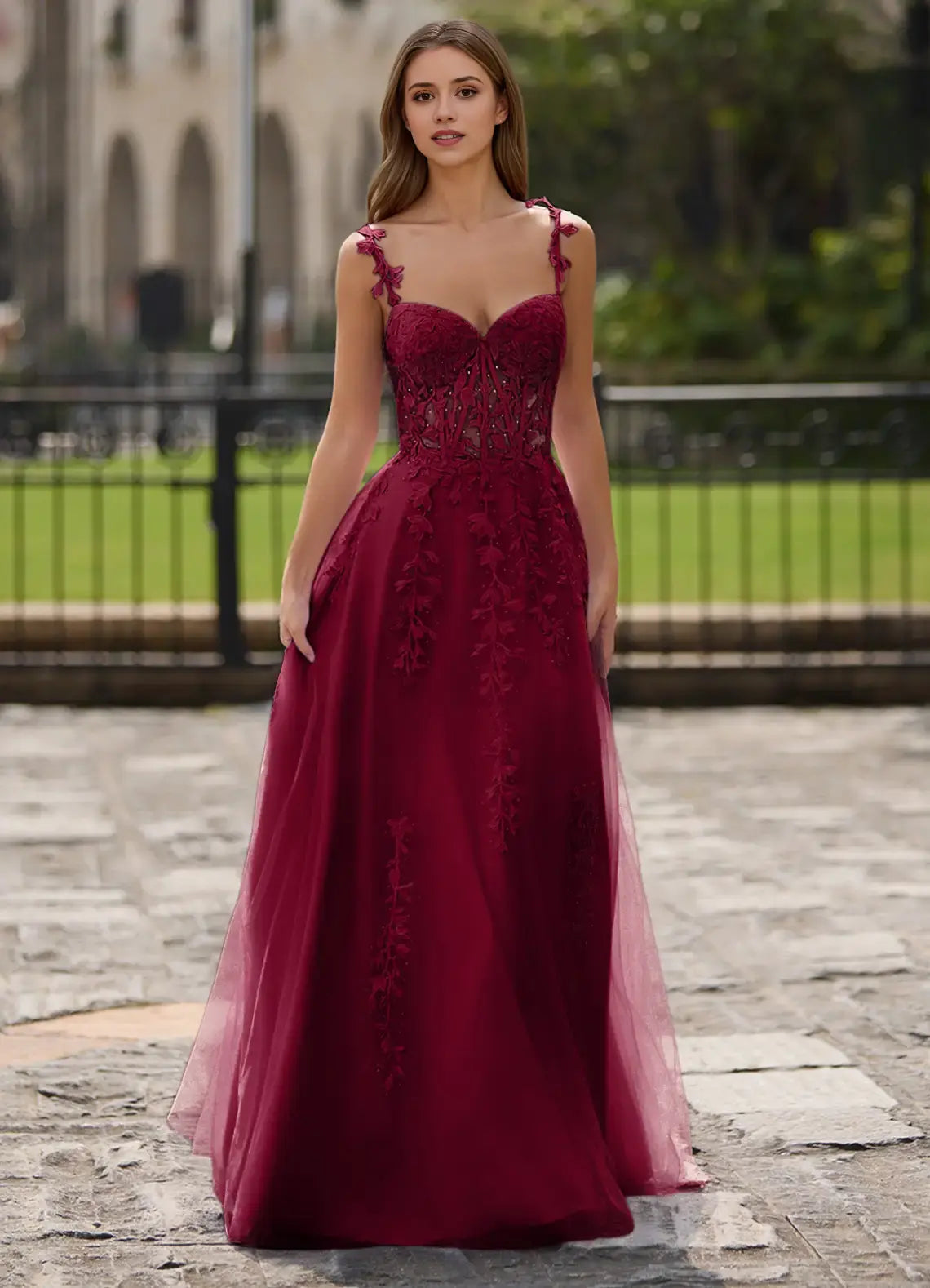 Burgundy A-line Sweetheart Neckline Spaghetti Strap Lace Applique Backless Affordable Formal Dress Cute Prom Dress