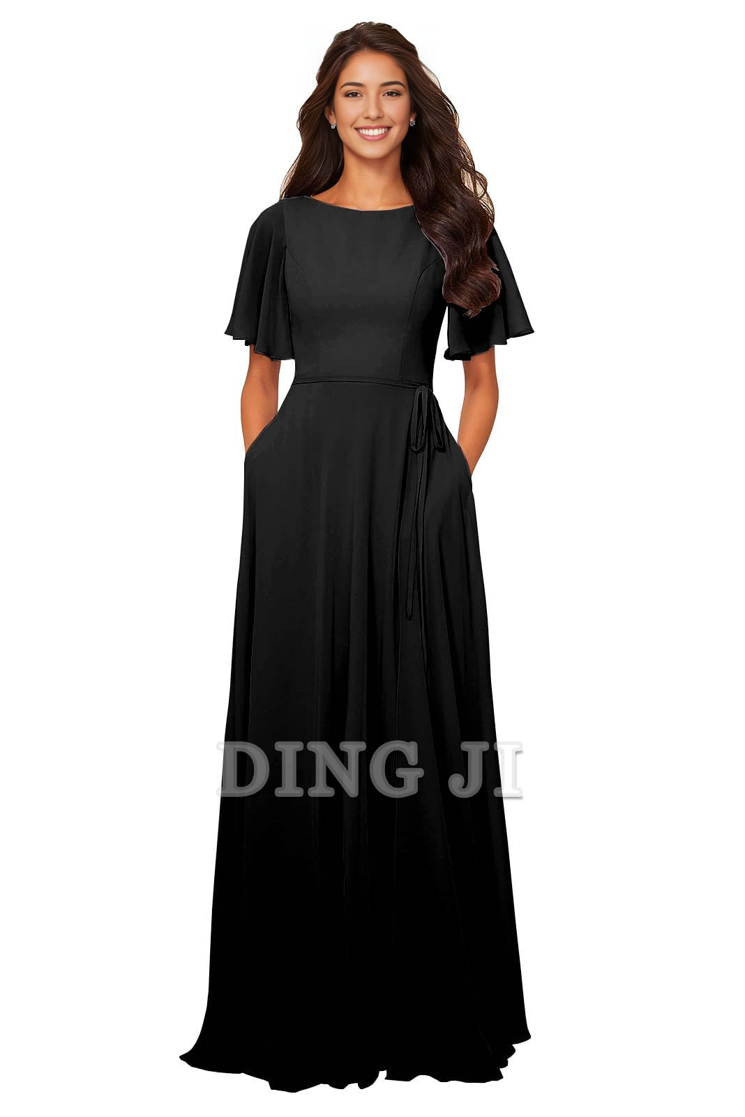 DingJiDress Bridesmaid Dresses Chiffon Modest A Line Bateau Neck Flutter Sleeve Elegant Formal Wear Dresses