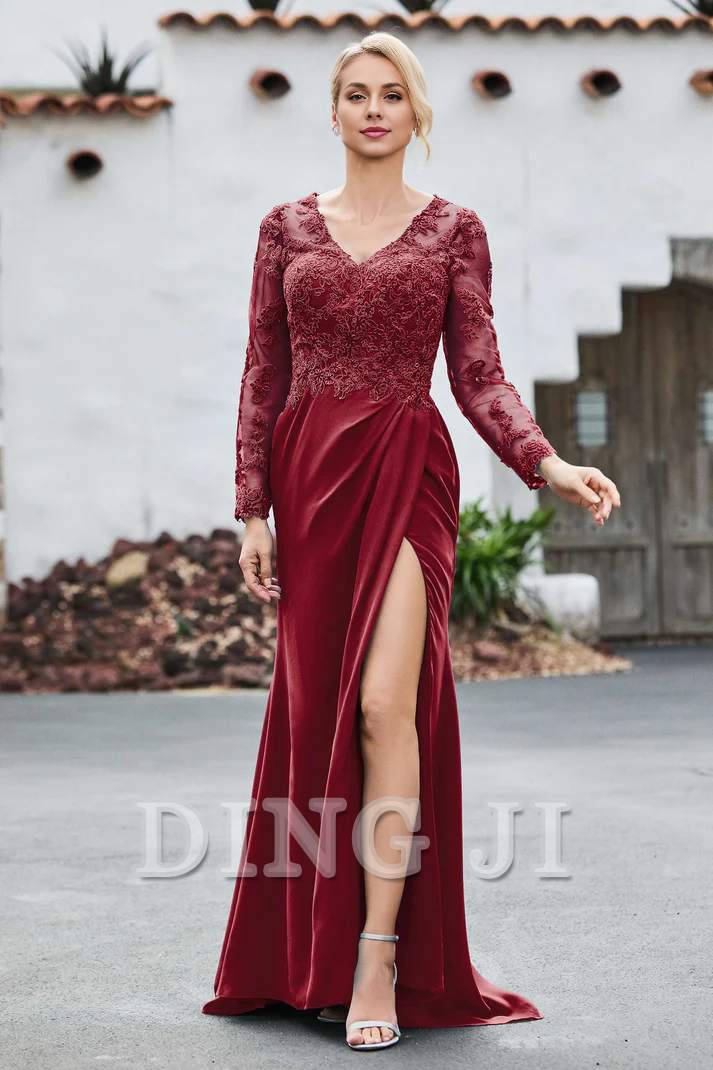 DingJiDress Mother of the Bride Dresses Lace Applique V-neck Long Sleeves High Slit Elegant Dignified Dress Wedding Guests Dresses