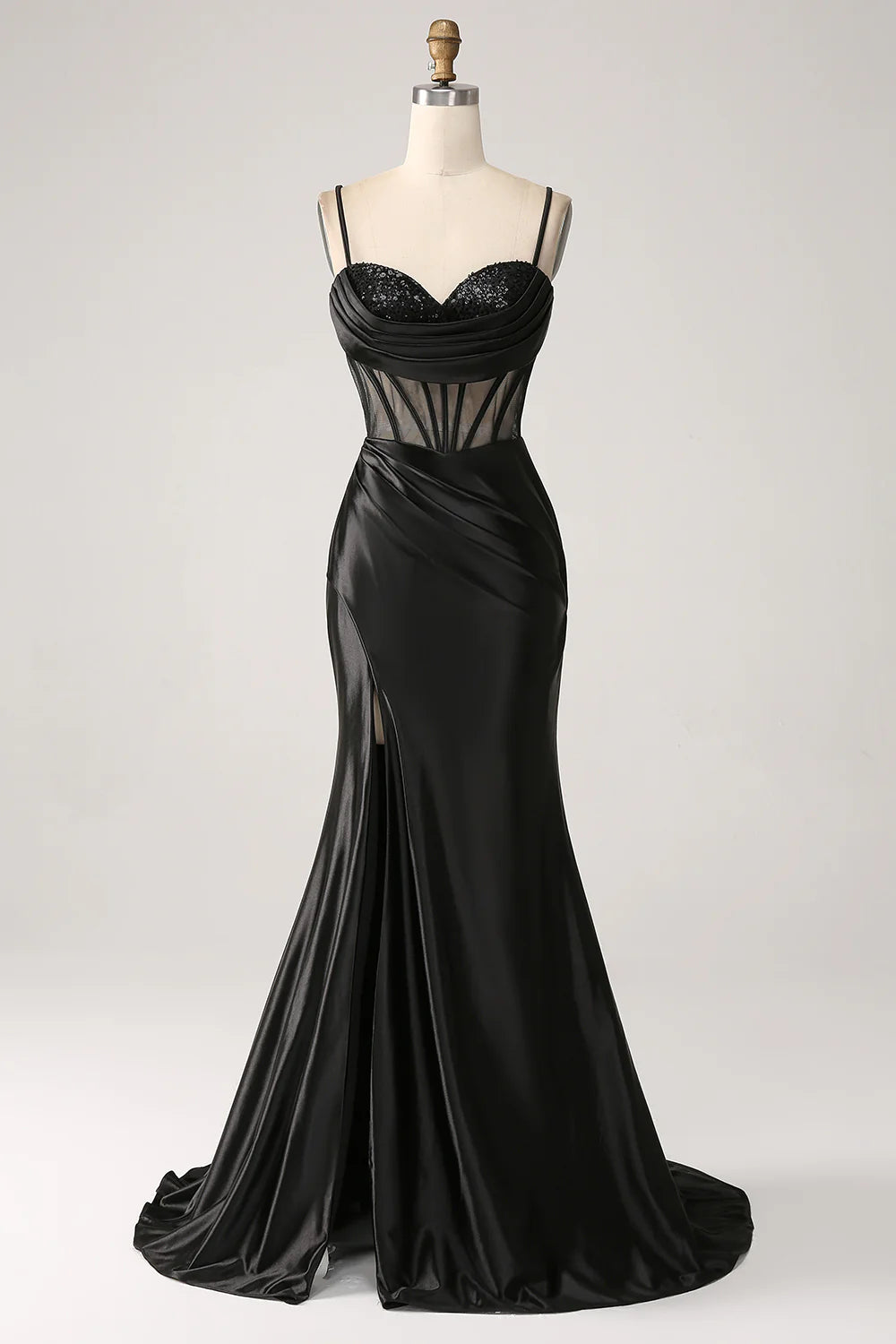 DingJiDress Mermaid Sweetheart Black Satin Long Prom Dress With Beading