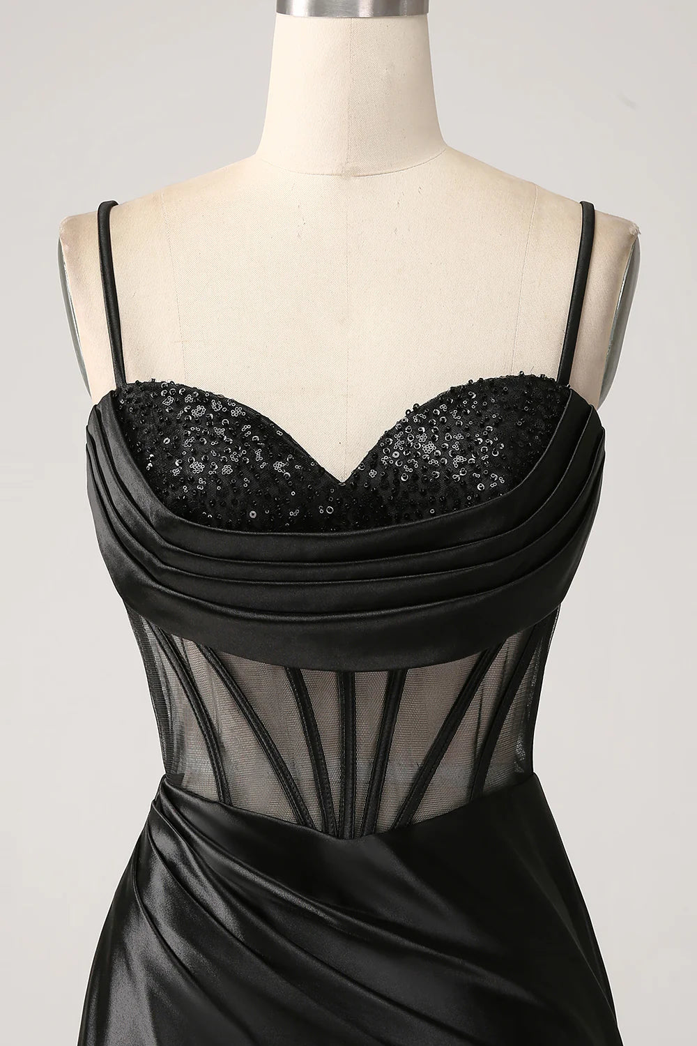 DingJiDress Mermaid Sweetheart Black Satin Long Prom Dress With Beading