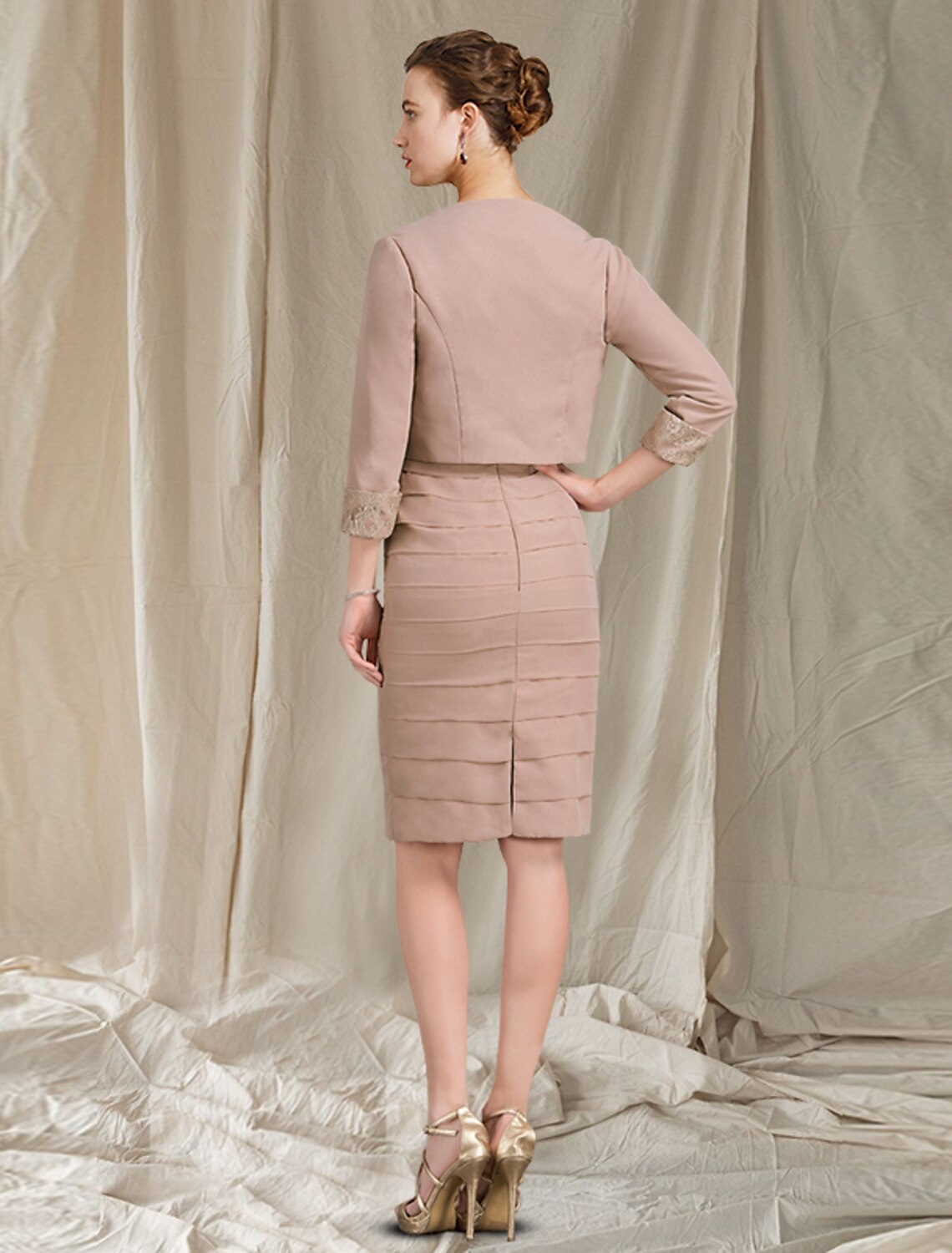 Two Piece Mother of the Bride Dress Church Elegant Knee Length Chiffon Short Sleeve Wrap Included with Tier