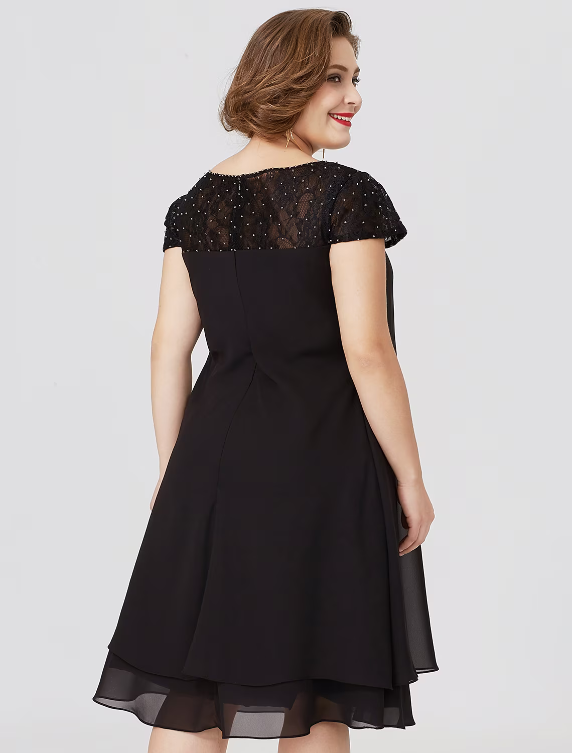 Mother of the Bride Dress Formal Little Black Dress Plus Size Knee Length Chiffon Lace Short Sleeve No with Pleats Beading Lace