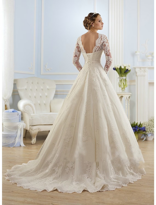 Engagement Formal Wedding Dresses Court Train A-Line Long Sleeve Jewel Neck Lace With Appliques